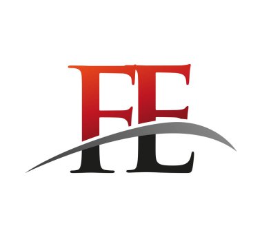 FE logotype şirketinin ilk harfi: Renkli kırmızı ve siyah desenli. Siyah arkaplanda izole.
