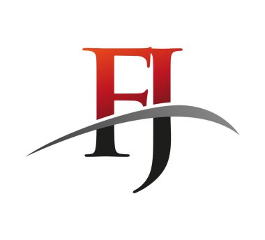 İlk harf FJ logotype şirketi. Renkli kırmızı ve siyah desenli. Siyah arkaplanda izole.