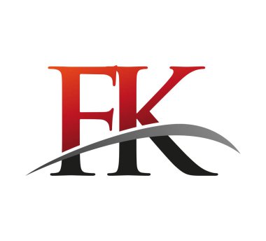 İlk harfi FK logotype şirketi. Renkli kırmızı ve siyah Swoosh tasarımı. Siyah arkaplanda izole.
