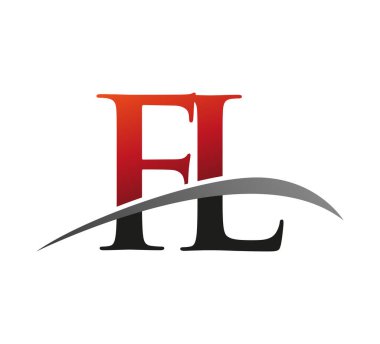 İlk harf FL logotype şirketi. Renkli kırmızı ve siyah Swoosh tasarımı. Siyah arkaplanda izole.