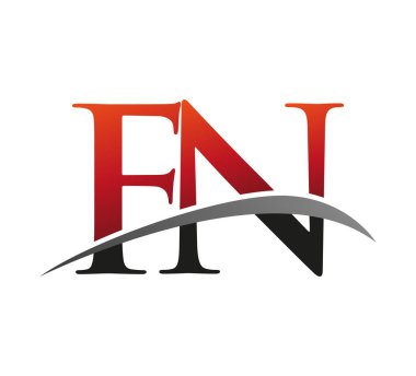 İlk harfi FN logotype şirketi. Renkli kırmızı ve siyah Swoosh tasarımı. Siyah arkaplanda izole.