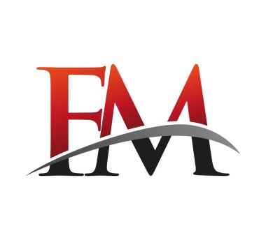 İlk harfi FM logotype şirketi. Renkli kırmızı ve siyah Swoosh tasarımı. Siyah arkaplanda izole.