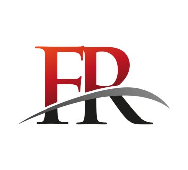 İlk harf FR logotype şirketi. Renkli kırmızı ve siyah Swoosh tasarımı. Siyah arkaplanda izole.