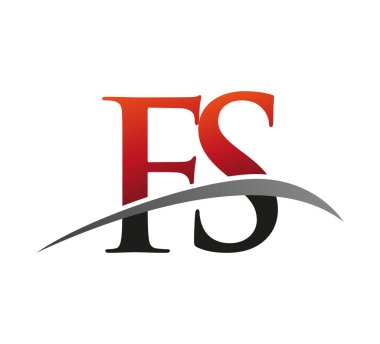 İlk harf FS logotype şirketinin adı: Renkli kırmızı ve siyah Swoosh tasarımı. Siyah arkaplanda izole.
