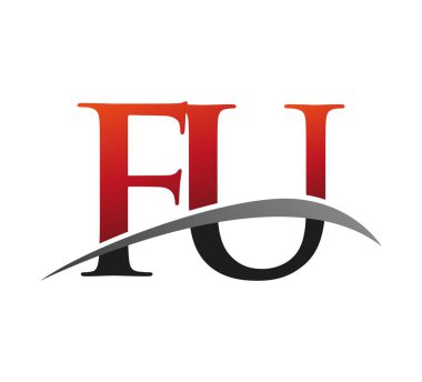 İlk harfi FU logotype şirketi. Renkli kırmızı ve siyah Swoosh tasarımı. Siyah arkaplanda izole.