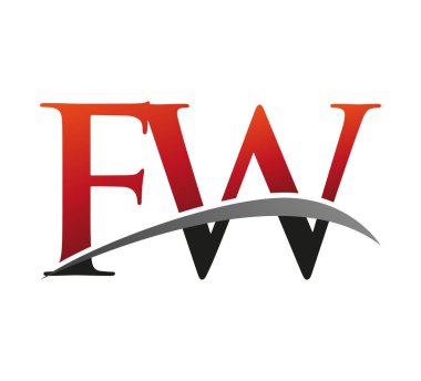 İlk harf FW logotype şirketi. Renkli kırmızı ve siyah Swoosh tasarımı. Siyah arkaplanda izole.
