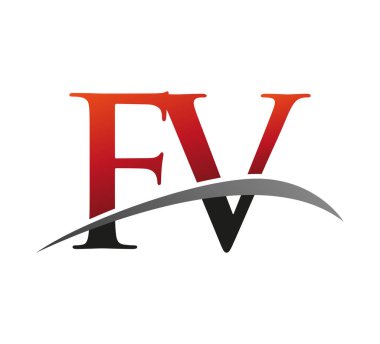 İlk harf FV logotype şirketi. Renkli kırmızı ve siyah Swoosh tasarımı. Siyah arkaplanda izole.