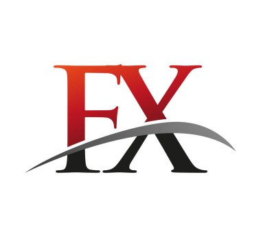 İlk harf FX logotype şirketi adı kırmızı ve siyah Swoosh tasarımı. Siyah arkaplanda izole.