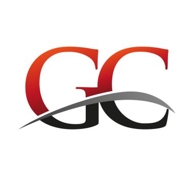 İlk harf GC logotype şirket adı kırmızı ve siyah swoosh tasarımı. Siyah arkaplanda izole.