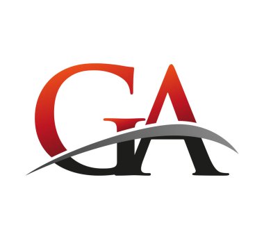 İlk harf GA logotype şirketinin adı: Renkli kırmızı ve siyah Swoosh tasarımı. Siyah arkaplanda izole.