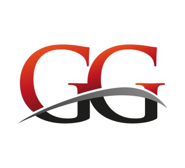 İlk harfi GG logotype şirketi. Renkli kırmızı ve siyah Swoosh tasarımı. Siyah arkaplanda izole.