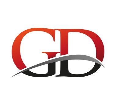 İlk harfi GD logotype şirketi. Renkli kırmızı ve siyah Swoosh tasarımı. Siyah arkaplanda izole.
