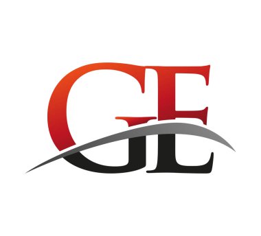 İlk harfi GE logotype şirketi. Renkli kırmızı ve siyah Swoosh tasarımı. Siyah arkaplanda izole.