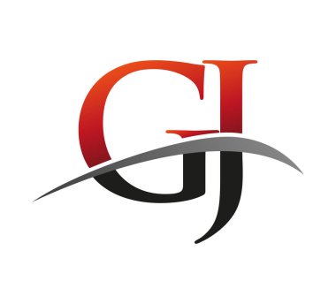 İlk harfi GJ logotype şirketi. Renkli kırmızı ve siyah desenli. Siyah arkaplanda izole.