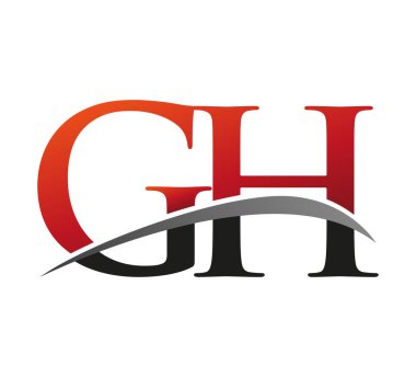 İlk harf GH logotype şirketi adı: Renkli kırmızı ve siyah Swoosh tasarımı. Siyah arkaplanda izole.
