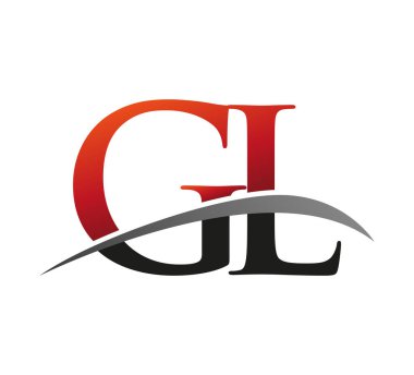 İlk harf GL logotype şirketinin adı: Renkli kırmızı ve siyah Swoosh tasarımı. Siyah arkaplanda izole.