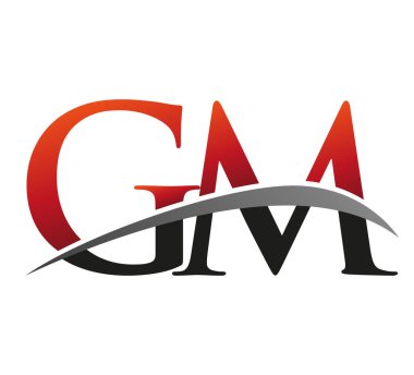 İlk harf GM logotype şirketi adı kırmızı ve siyah Swoosh tasarımı. Siyah arkaplanda izole.