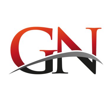 İlk harfi GN logotype şirketi. Renkli kırmızı ve siyah Swoosh tasarımı. Siyah arkaplanda izole.