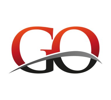 GO logotype şirketinin ilk harfi: Renkli kırmızı ve siyah Swoosh tasarımı. Siyah arkaplanda izole.