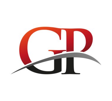 İlk harf GP logotype şirketi adı kırmızı ve siyah Swoosh tasarımı. Siyah arkaplanda izole.