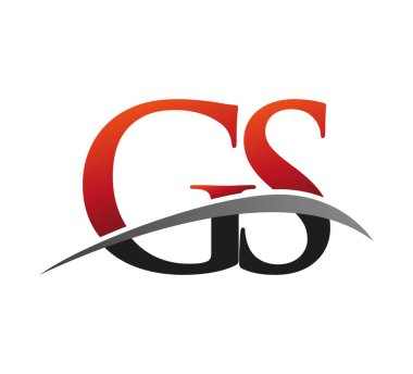 İlk harf GS logotype şirketi adı: Renkli kırmızı ve siyah Swoosh tasarımı. Siyah arkaplanda izole.