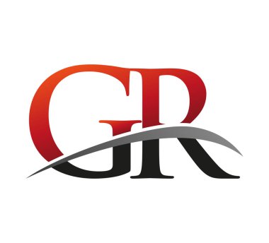 İlk harf GR logotype şirketi. Renkli kırmızı ve siyah Swoosh tasarımı. Siyah arkaplanda izole.