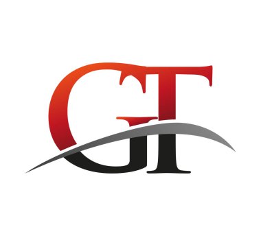 İlk harfi GT logotype şirketi. Renkli kırmızı ve siyah Swoosh tasarımı. Siyah arkaplanda izole.