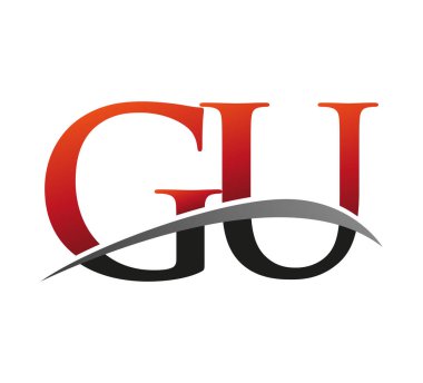 İlk harfi GU logotype şirketi. Renkli kırmızı ve siyah Swoosh tasarımı. Siyah arkaplanda izole.