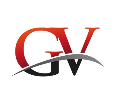 İlk harf GV logotype şirketi adı kırmızı ve siyah Swoosh tasarımı. Siyah arkaplanda izole.