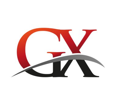 İlk harf GX logotype şirketinin adı: Renkli kırmızı ve siyah Swoosh tasarımı. Siyah arkaplanda izole.