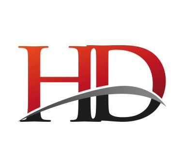 İlk harf HD logotype şirketi. Renkli kırmızı ve siyah Swoosh tasarımı. Siyah arkaplanda izole.