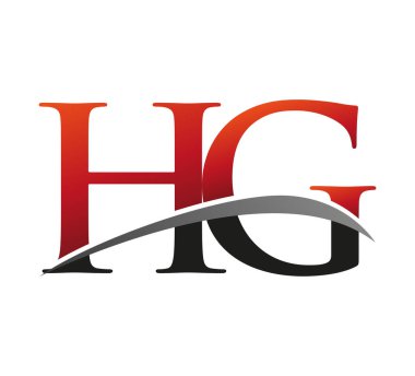İlk harf HG logotype şirketi. Renkli kırmızı ve siyah Swoosh tasarımı. Siyah arkaplanda izole.