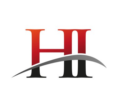 İlk harf HI logotype şirketi adı kırmızı ve siyah Swoosh tasarımı. Siyah arkaplanda izole.
