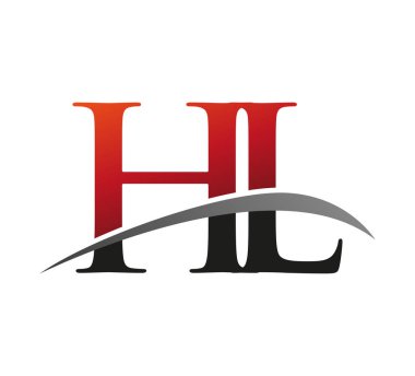 İlk harf HL logotype şirketi. Renkli kırmızı ve siyah Swoosh tasarımı. Siyah arkaplanda izole.