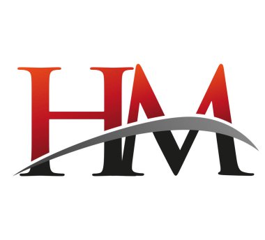 İlk harf HM logotype şirketi. Renkli kırmızı ve siyah Swoosh tasarımı. Siyah arkaplanda izole.