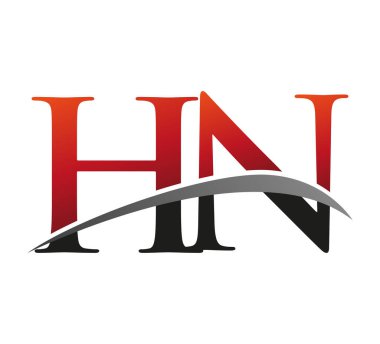 İlk harf HN logotype şirketi adı kırmızı ve siyah Swoosh tasarımı. Siyah arkaplanda izole.