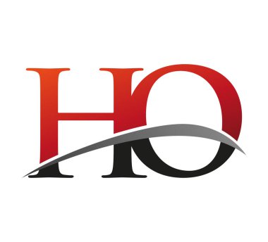 İlk harf HO logotype şirketi. Renkli kırmızı ve siyah Swoosh tasarımı. Siyah arkaplanda izole.