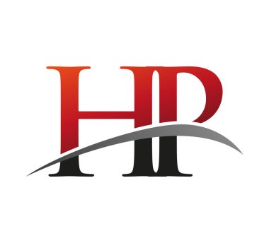 İlk harf HP logotype şirketi adı kırmızı ve siyah Swoosh tasarımı. Siyah arkaplanda izole.