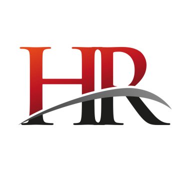 İlk harf HR logotype şirketi. Renkli kırmızı ve siyah Swoosh tasarımı. Siyah arkaplanda izole.