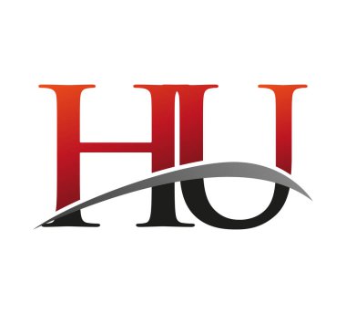 İlk harf HU logotype şirketi. Renkli kırmızı ve siyah Swoosh tasarımı. Siyah arkaplanda izole.