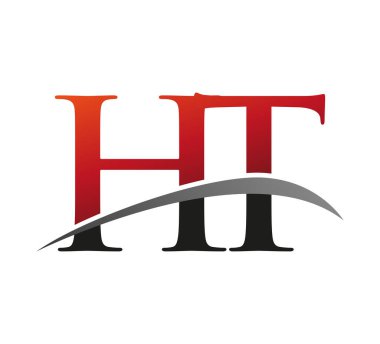 İlk harf HT logotype şirketi. Renkli kırmızı ve siyah Swoosh tasarımı. Siyah arkaplanda izole.
