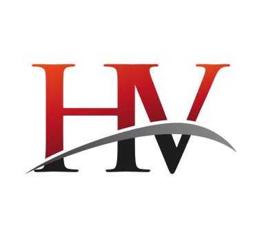 İlk harf HV logotype şirketi adı kırmızı ve siyah swoosh tasarımı. Siyah arkaplanda izole.