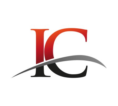 İlk harfi IC logotype şirketi. Renkli kırmızı ve siyah Swoosh tasarımı. Siyah arkaplanda izole.