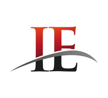 İlk harf IE logotype şirket adı kırmızı ve siyah swoosh tasarımı. Siyah arkaplanda izole.