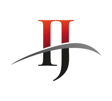 İlk harf IJ logotype şirketi adı kırmızı ve siyah desenli. Siyah arkaplanda izole.