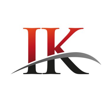 İlk harfi IK logotype şirketi. Renkli kırmızı ve siyah Swoosh tasarımı. Siyah arkaplanda izole.
