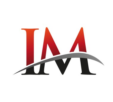 İlk harf IM logotype şirketi adı: Renkli kırmızı ve siyah Swoosh tasarımı. Siyah arkaplanda izole.