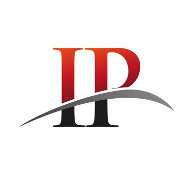 İlk harf IP logotype şirketi adı: Renkli kırmızı ve siyah Swoosh tasarımı. Siyah arkaplanda izole.