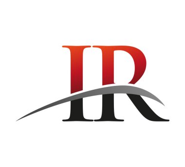 İlk harf IR logotype şirketi. Renkli kırmızı ve siyah Swoosh tasarımı. Siyah arkaplanda izole.