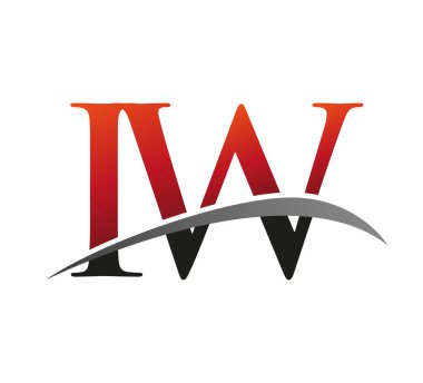 İlk harfi IW logotype şirketi. Renkli kırmızı ve siyah Swoosh tasarımı. Siyah arkaplanda izole.